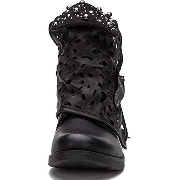 Combat Boots with Studded Heels Biker Shoes-Black - Picture 6 of 7